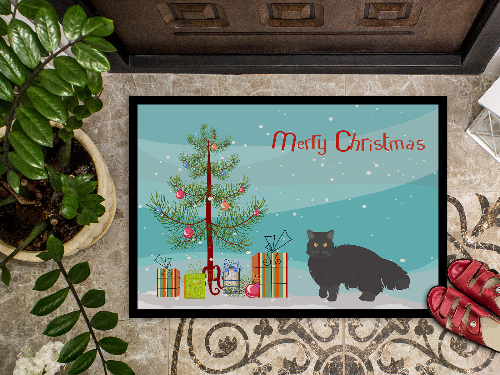 Caroline's Treasures Black Persian Traditional Cat Merry Christmas Doormat - 24x36 Decorative Floor Mat – Indoor/Outdoor Rug with Artistic Flair CK4680JMAT