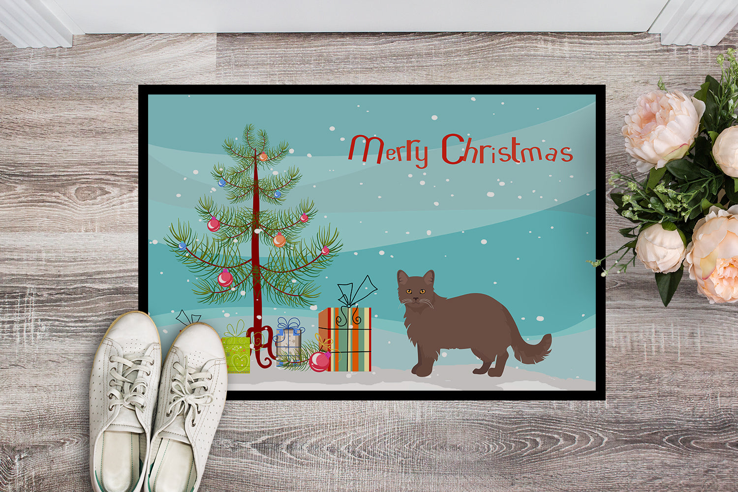 Caroline's Treasures York Chocolate #1 Cat Merry Christmas Doormat - 24x36 Decorative Floor Mat – Indoor/Outdoor Rug with Artistic Flair CK4737JMAT