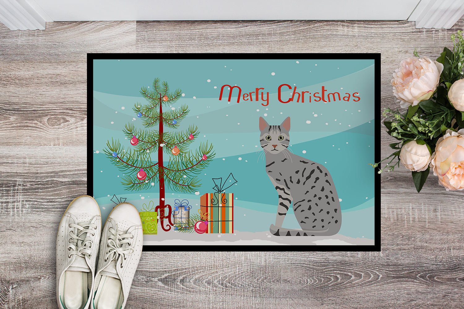Caroline's Treasures Egyptian Mau Cat Merry Christmas Doormat - 24x36 Decorative Floor Mat – Indoor/Outdoor Rug with Artistic Flair CK4766JMAT
