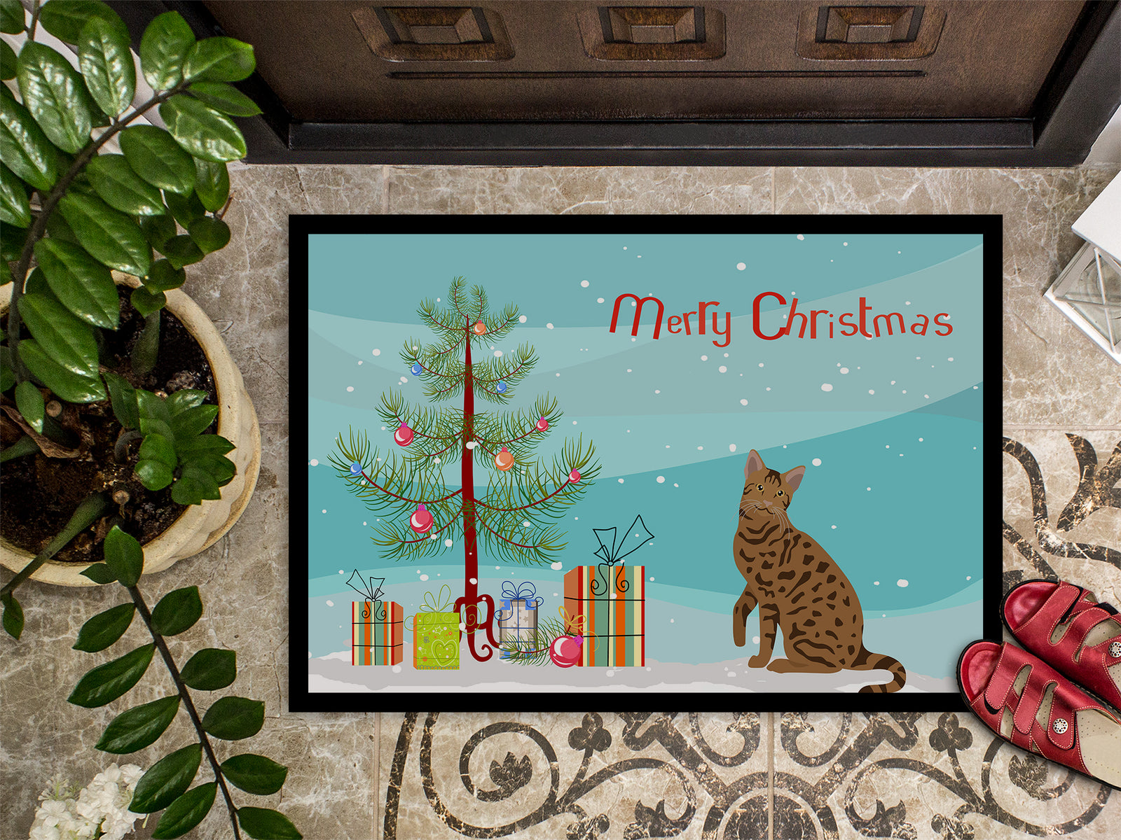 Caroline's Treasures Ocicat #2 Cat Merry Christmas Doormat - 24x36 Decorative Floor Mat – Indoor/Outdoor Rug with Artistic Flair CK4780JMAT