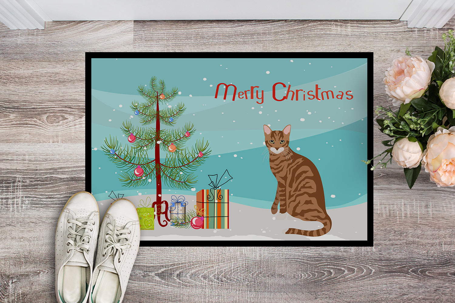 Caroline's Treasures Toyger Cat Merry Christmas Doormat - 24x36 Decorative Floor Mat – Indoor/Outdoor Rug with Artistic Flair CK4806JMAT