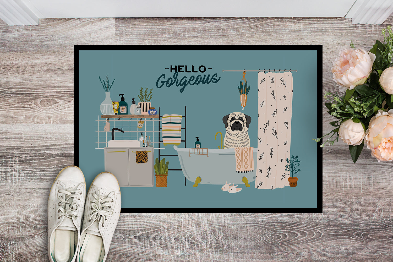 Caroline's Treasures White Mastiff Brindle in Bathtub Doormat - 24x36 Decorative Floor Mat – Indoor/Outdoor Rug with Artistic Flair CK7438JMAT