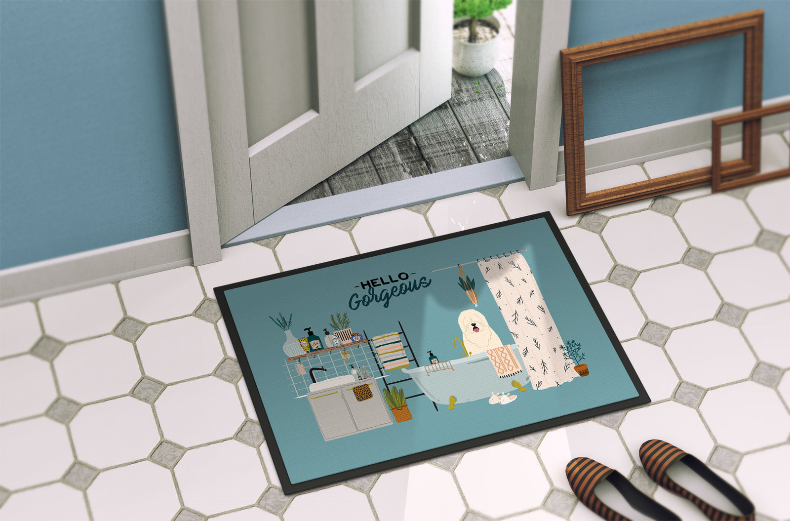 Caroline's Treasures South Russian Sheepdog in Bathtub Doormat - 24x36 Decorative Floor Mat – Indoor/Outdoor Rug with Artistic Flair CK7446JMAT