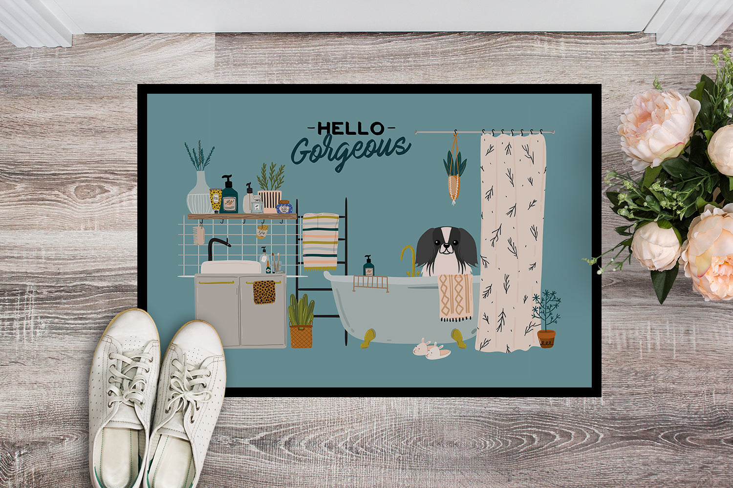 Caroline's Treasures Black White Pekingese in Bathtub Doormat - 24x36 Decorative Floor Mat – Indoor/Outdoor Rug with Artistic Flair CK7527JMAT