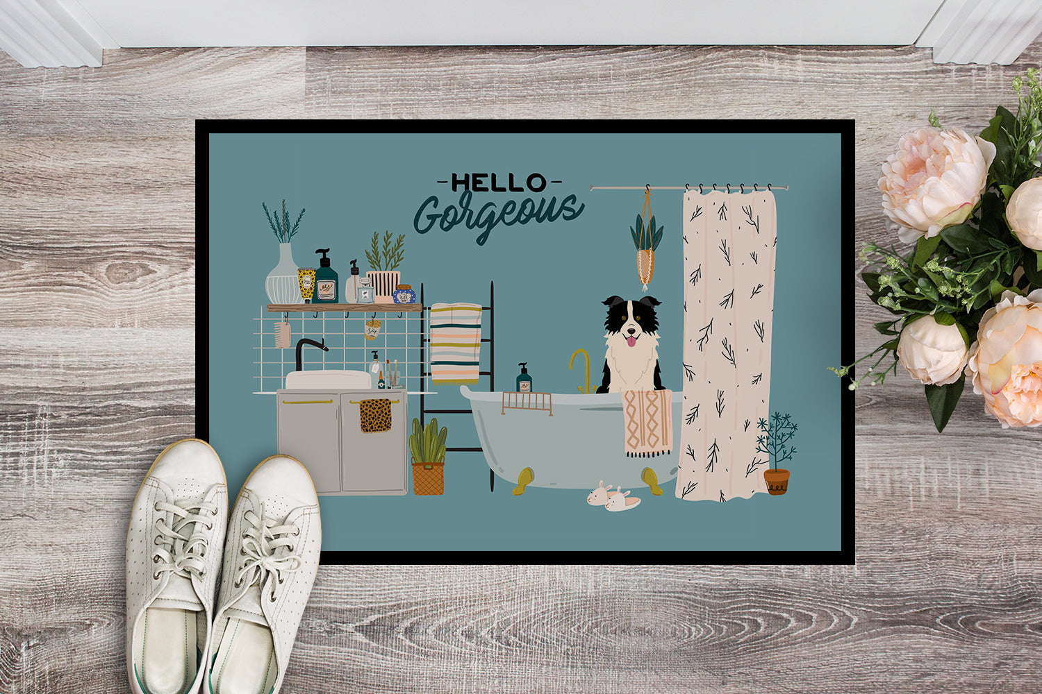 Caroline's Treasures Black White Border Collie in Bathtub Doormat - 24x36 Decorative Floor Mat – Indoor/Outdoor Rug with Artistic Flair CK7540JMAT