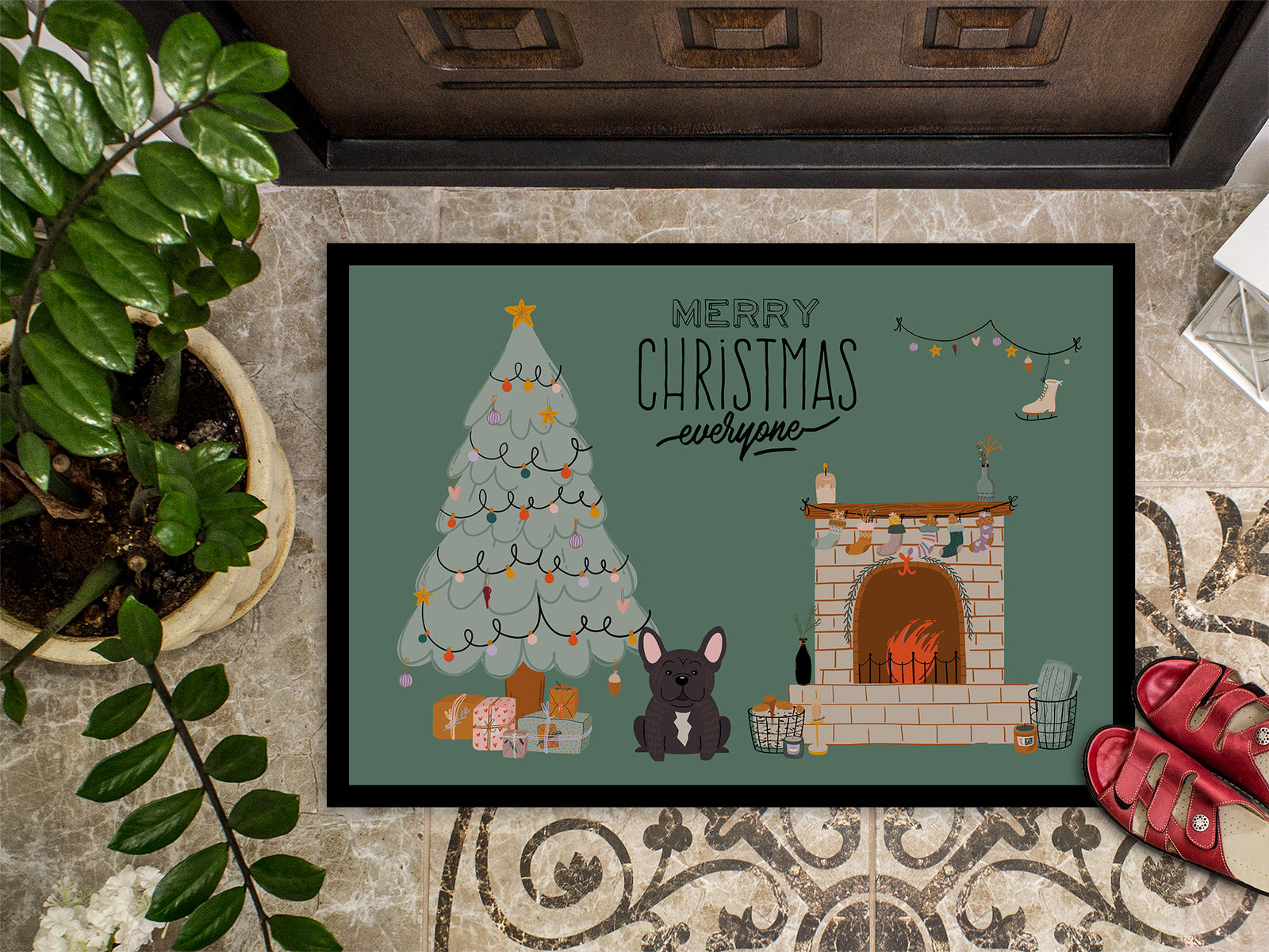 Caroline's Treasures Brindle French Bulldog Christmas Everyone Doormat - 24x36 Decorative Floor Mat – Indoor/Outdoor Rug with Artistic Flair CK7572JMAT