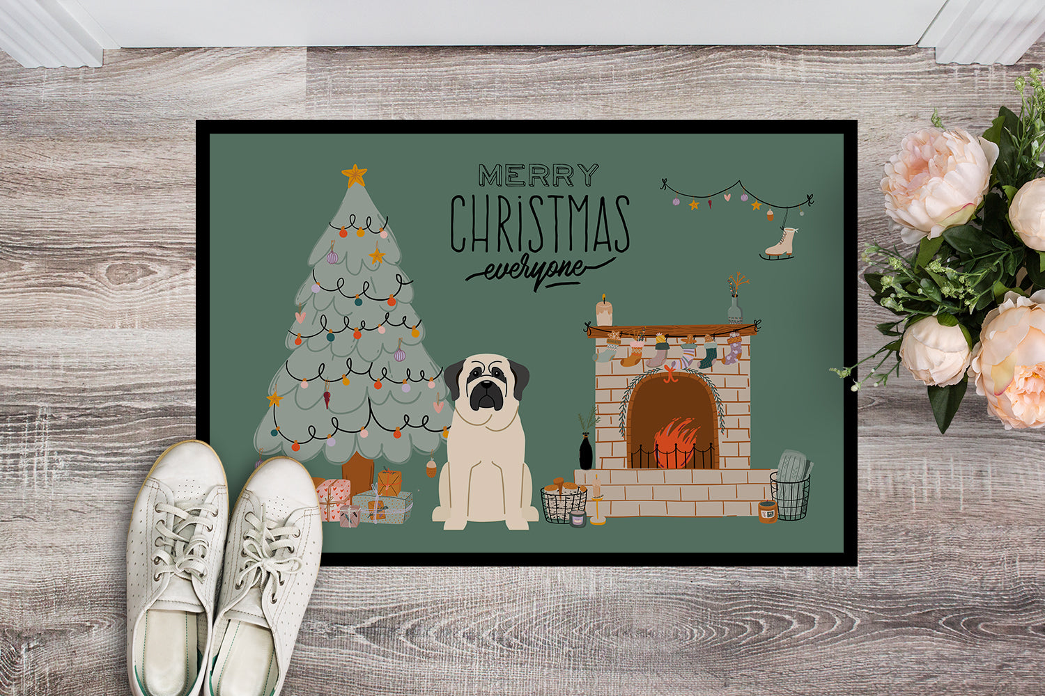 Caroline's Treasures White Mastiff Christmas Everyone Doormat - 24x36 Decorative Floor Mat – Indoor/Outdoor Rug with Artistic Flair CK7580JMAT