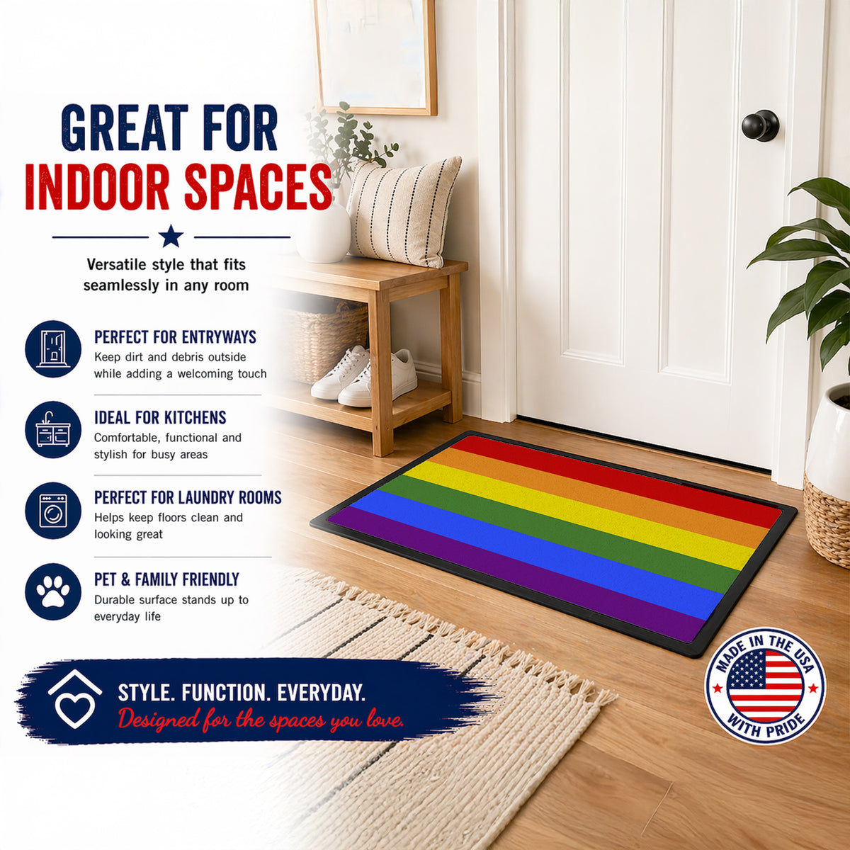 Gay Pride Doormat Front Door Mat Indoor Outdoor Rugs for Entryway, Non Slip Washable Low Pile, 18H X 27W