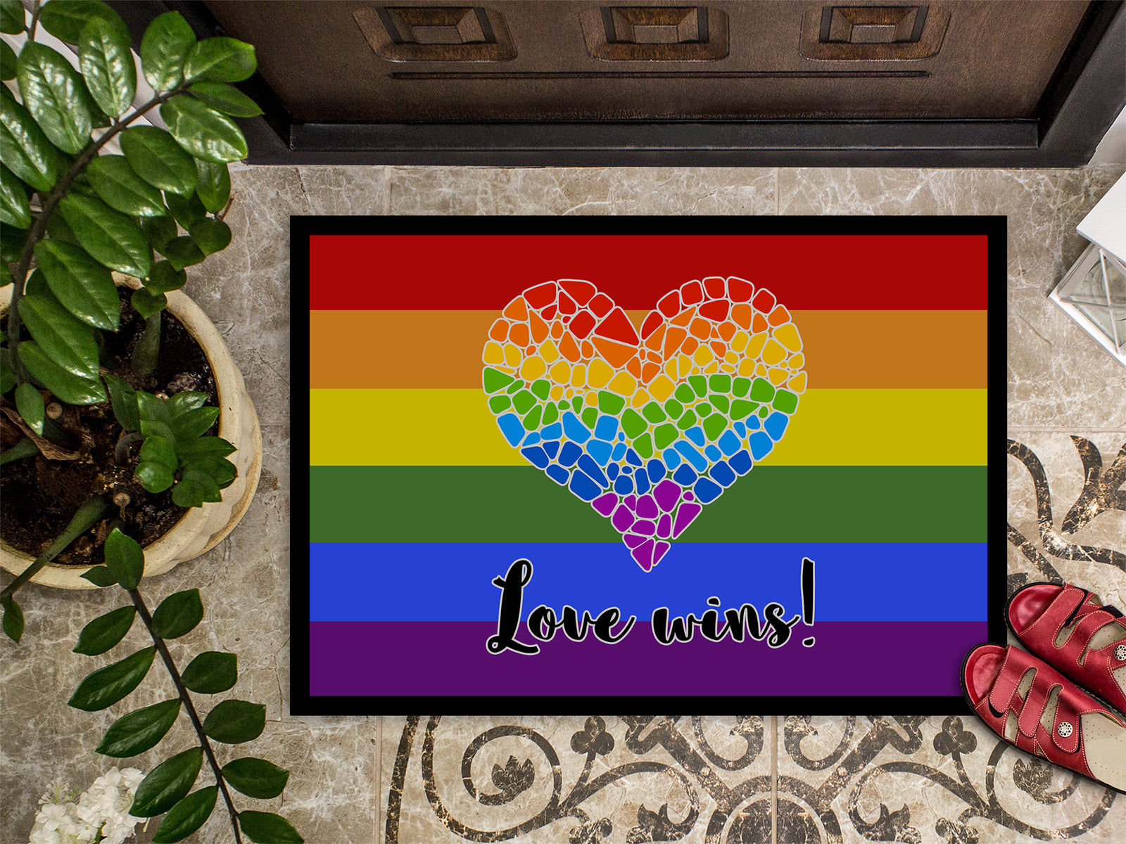 Caroline's Treasures Gay Pride Love Wins Mosaic Heart Doormat - 24x36 Decorative Floor Mat – Indoor/Outdoor Rug with Artistic Flair