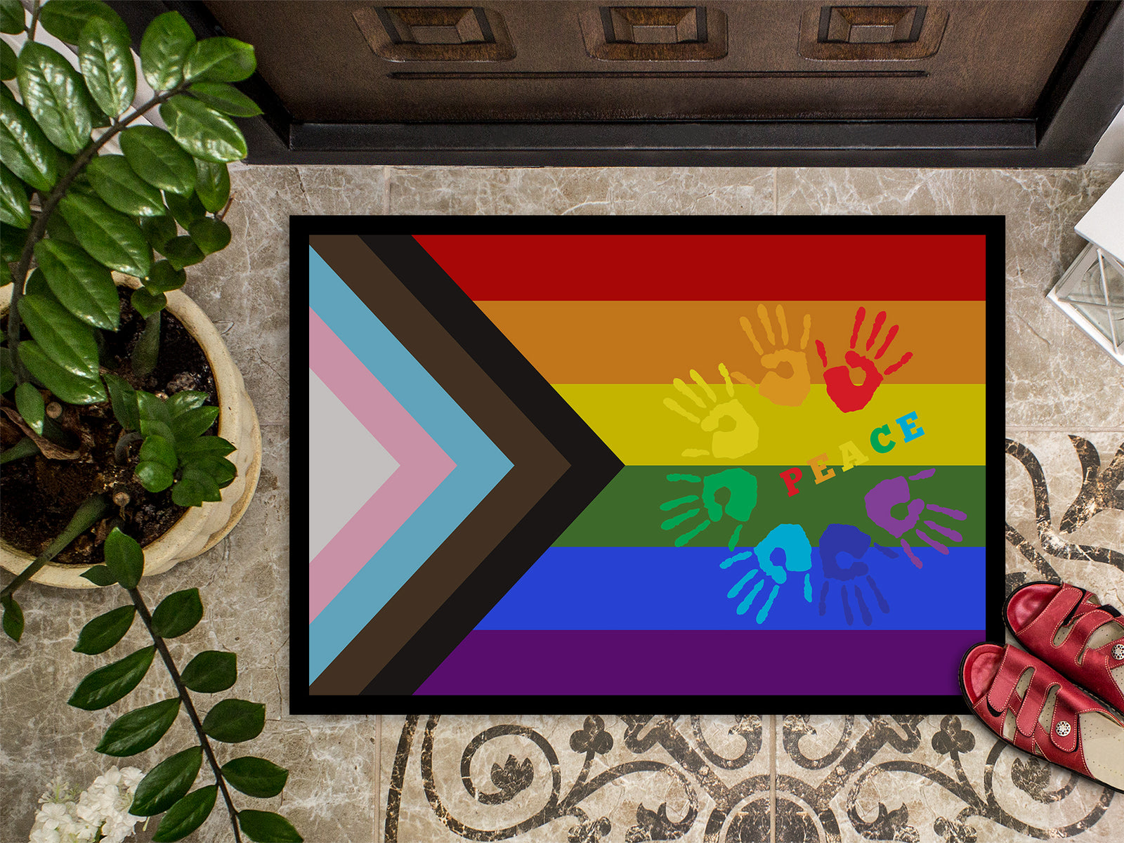 Caroline's Treasures Gay Pride Peace Hands Progress Pride Doormat - 24x36 Decorative Floor Mat – Indoor/Outdoor Rug with Artistic Flair