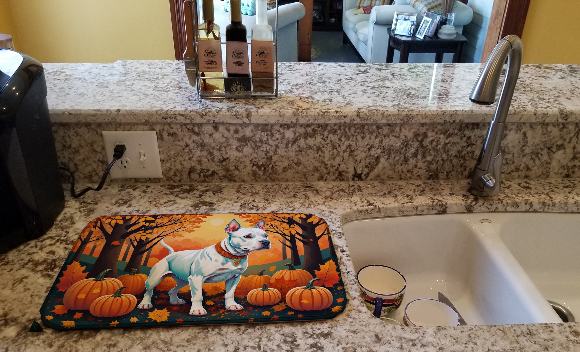 Caroline's Treasures White Pit Bull Terrier Fall Dish Drying Mat