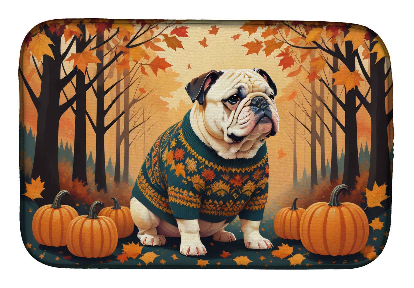Caroline's Treasures White English Bulldog Fall Dish Drying Mat