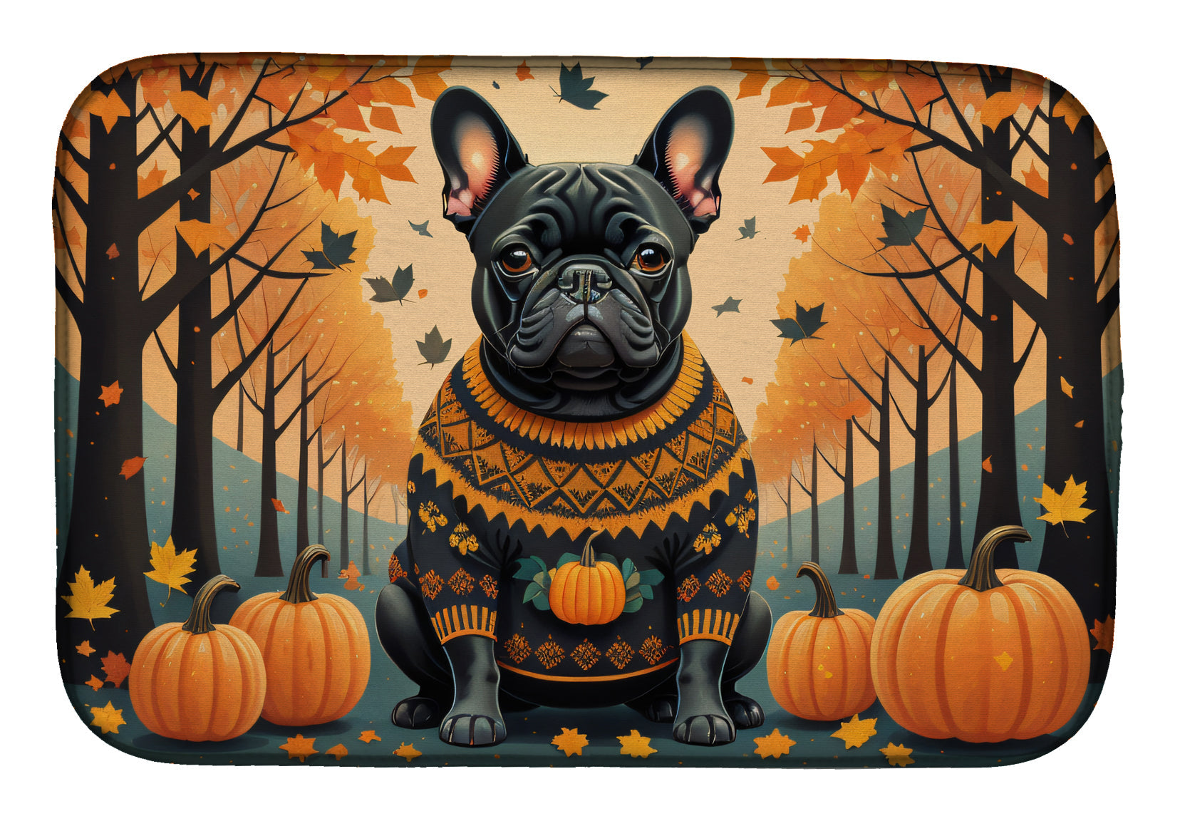 Caroline's Treasures Black French Bulldog Fall Dish Drying Mat