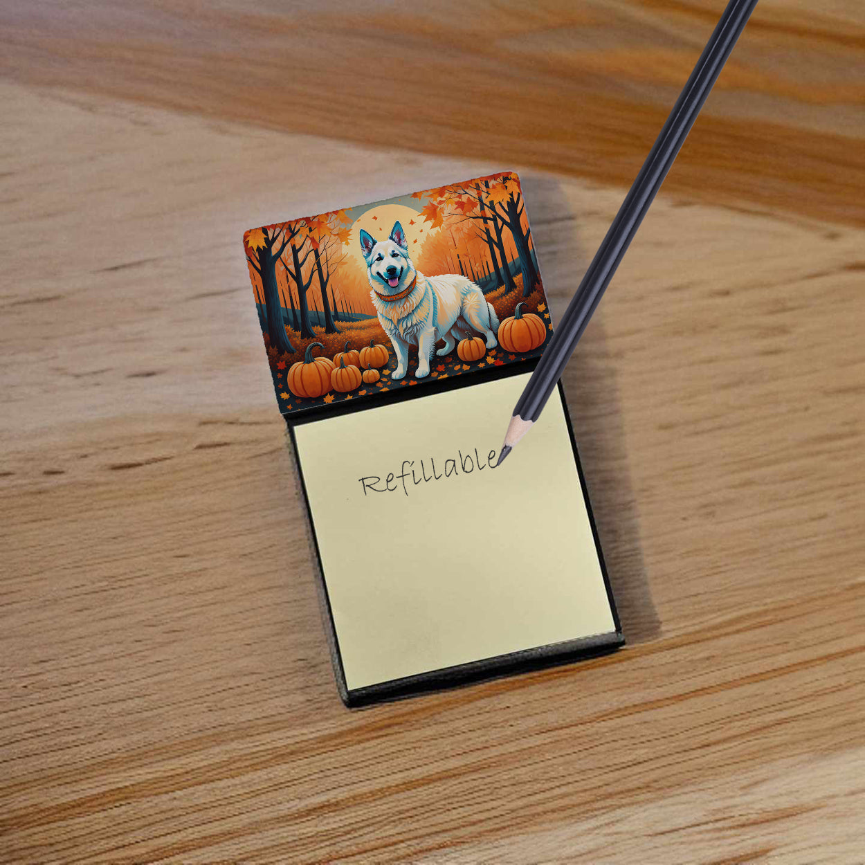 Caroline's Treasures White German Shepherd Fall Sticky Note Holder- Refiilable Desk Accessory Note Pad
