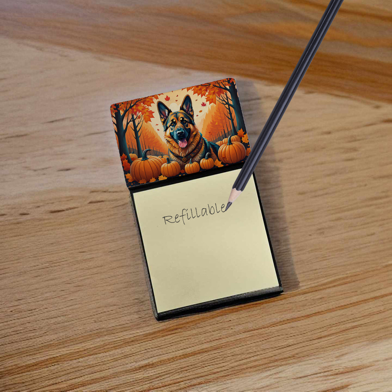 Caroline's Treasures German Shepherd Fall Sticky Note Holder- Refiilable Desk Accessory Note Pad