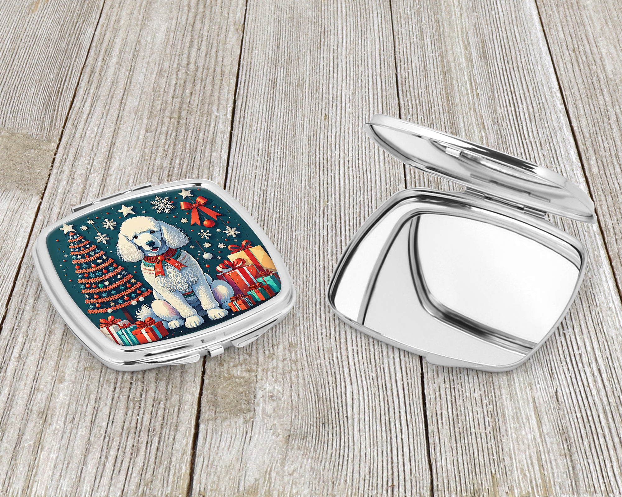 White Poodle Christmas Compact Mirror