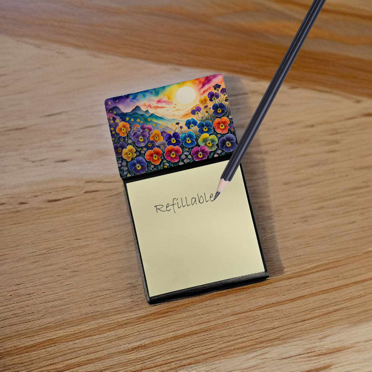 Caroline's Treasures Pansies in Color Sticky Note Holder- Refiilable Desk Accessory Note Pad