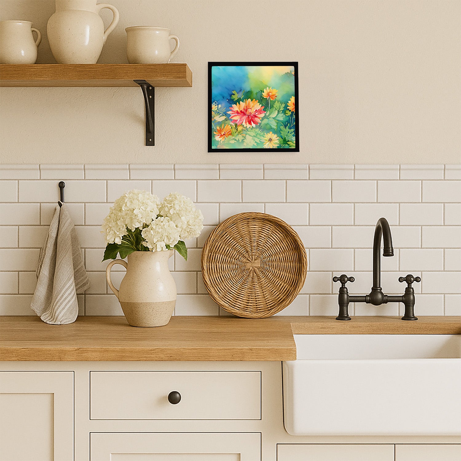 Caroline's Treasures Chrysanthemums in Watercolor Framed Metal Print