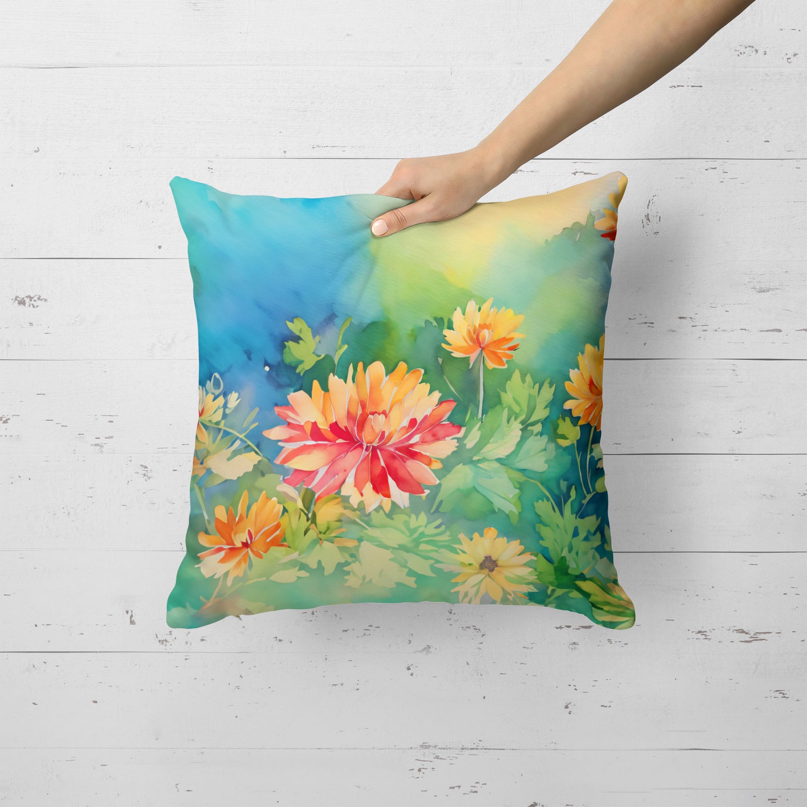 Caroline's Treasures Chrysanthemums in Watercolor Throw Pillow