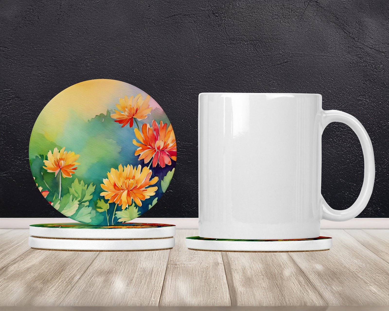 Caroline's Treasures Chrysanthemums in Watercolor Large Sandstone Coasters Pack of 4