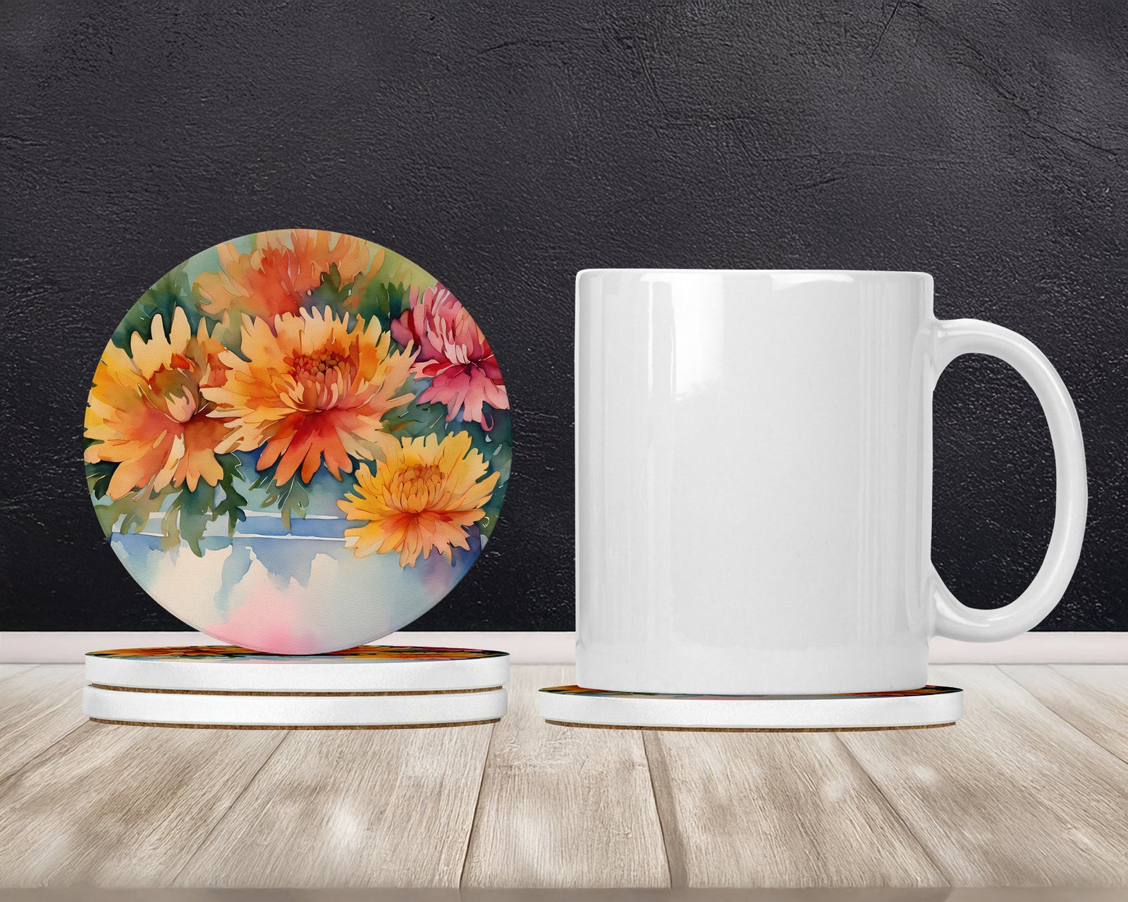 Caroline's Treasures Chrysanthemums in Watercolor Large Sandstone Coasters Pack of 4