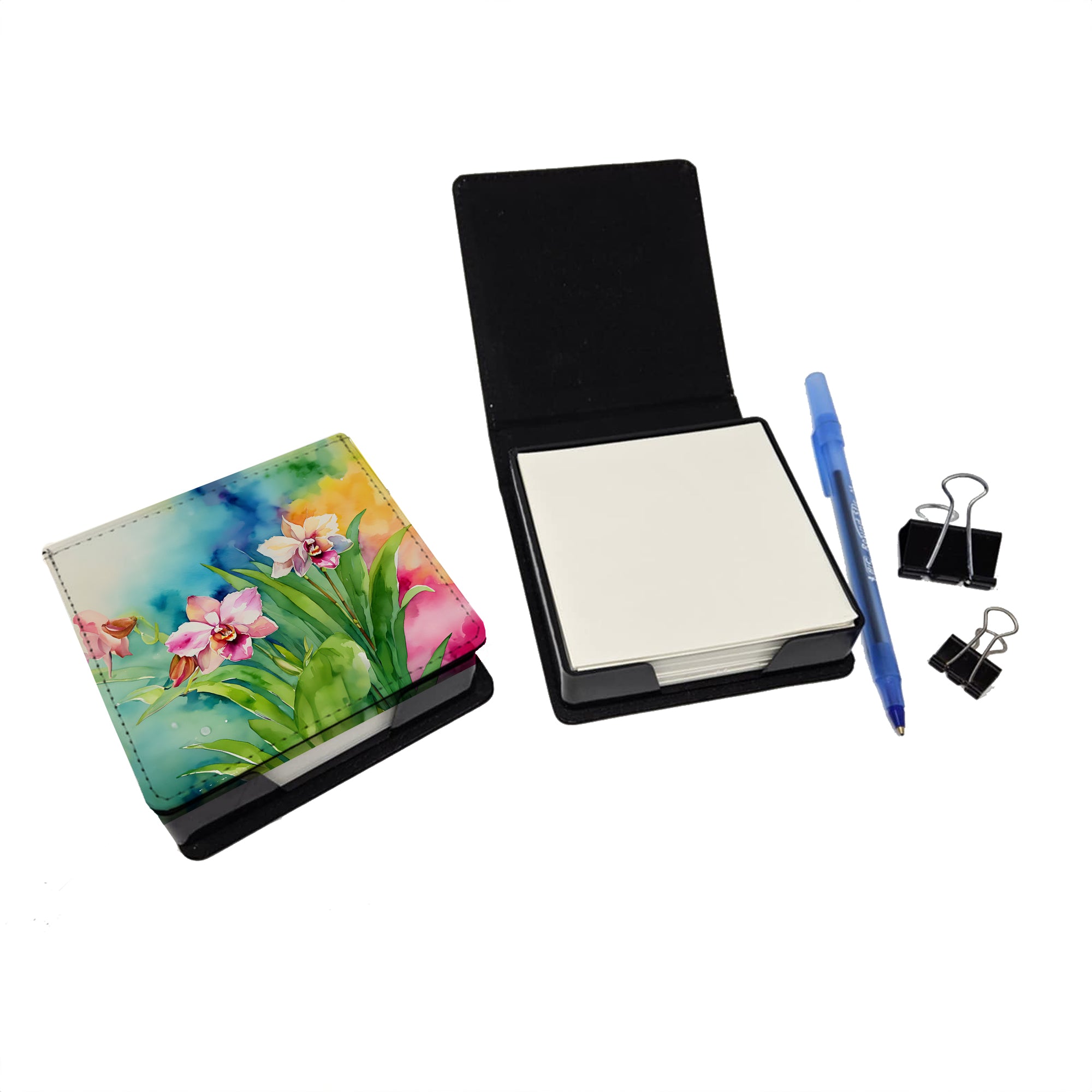 Caroline's Treasures Orchids in Watercolor PU Leather Note Paper Holder