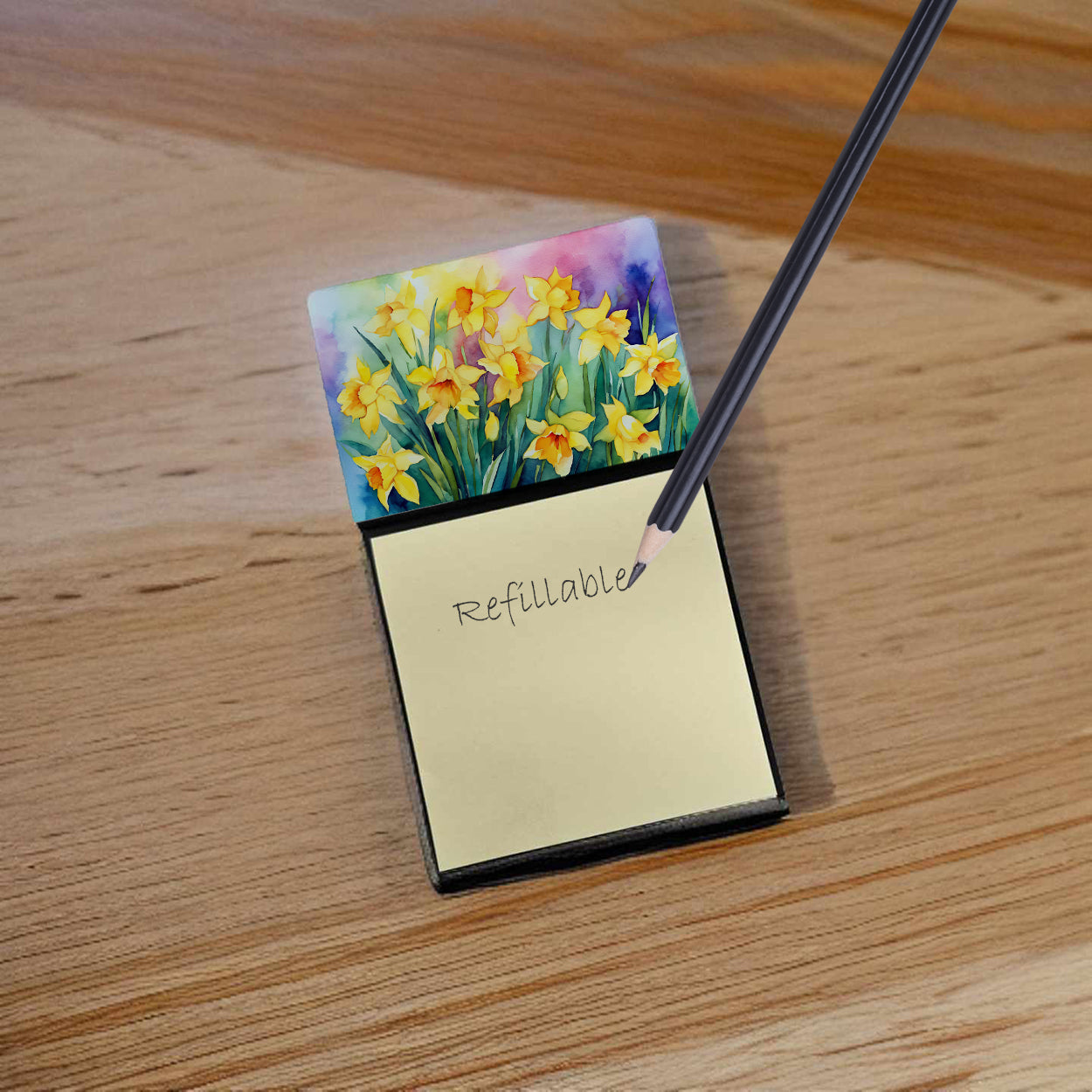 Caroline's Treasures Daffodils in Watercolor Sticky Note Holder- Refiilable Desk Accessory Note Pad