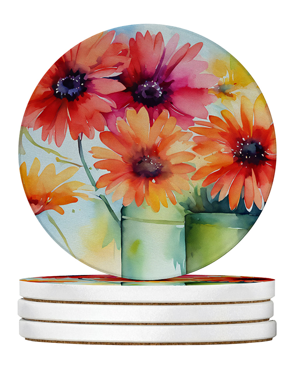 Caroline's Treasures Gerbera Daisies in Watercolor Large Sandstone Coasters Pack of 4