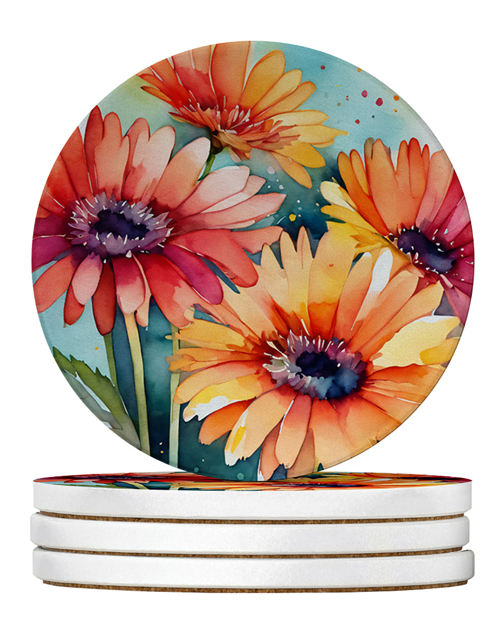 Caroline's Treasures Gerbera Daisies in Watercolor Large Sandstone Coasters Pack of 4