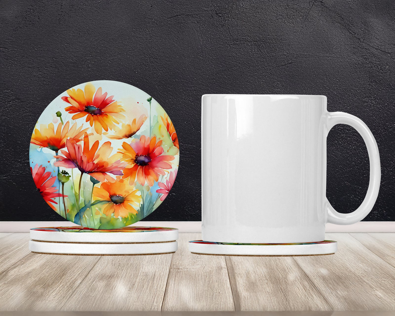 Caroline's Treasures Gerbera Daisies in Watercolor Large Sandstone Coasters Pack of 4