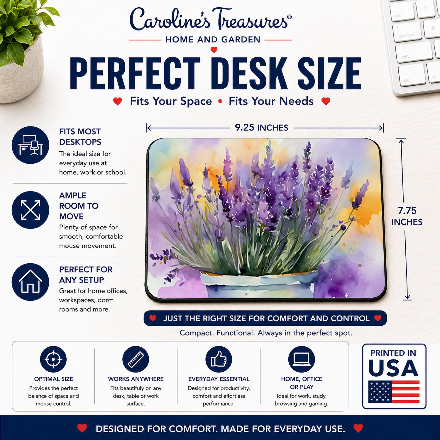Caroline's Treasures Lavender in Watercolor Mouse Pad, Heat Resistant Trivet Hot Pad , Non Slip Rubber Desk Mat, Kitchen Counter Protector, Home Office Decor Gift