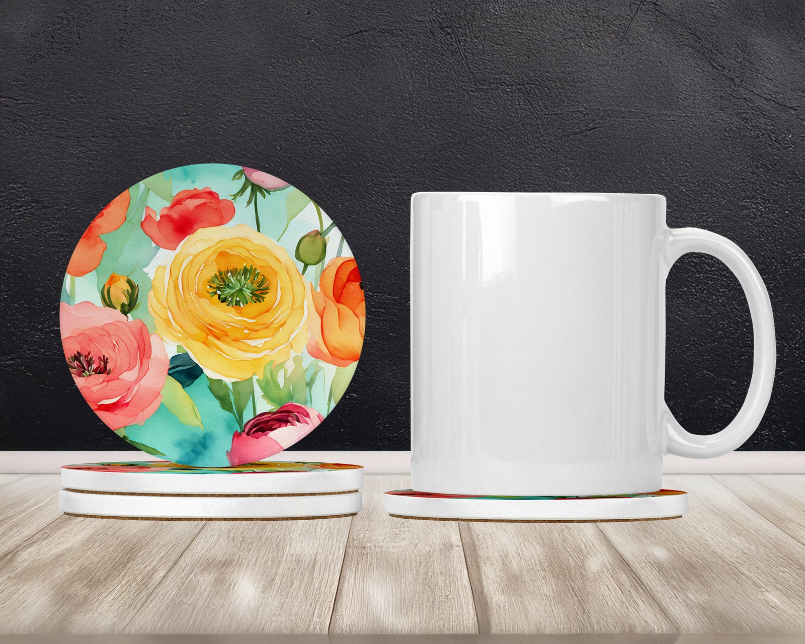 Caroline's Treasures Ranunculus in Watercolor Large Sandstone Coasters Pack of 4