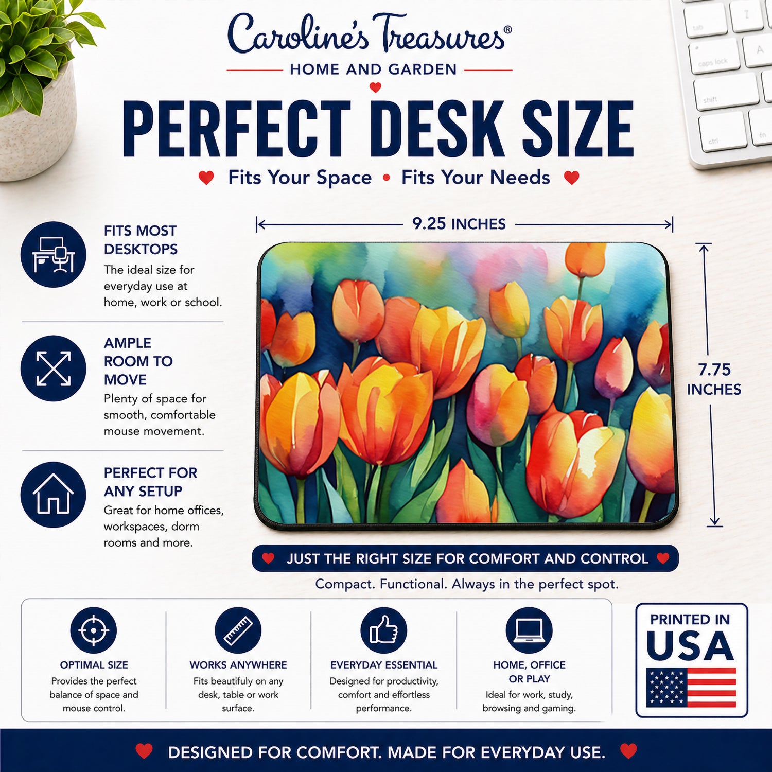 Caroline's Treasures Tulips in Watercolor Mouse Pad, Heat Resistant Trivet Hot Pad , Non Slip Rubber Desk Mat, Kitchen Counter Protector, Home Office Decor Gift