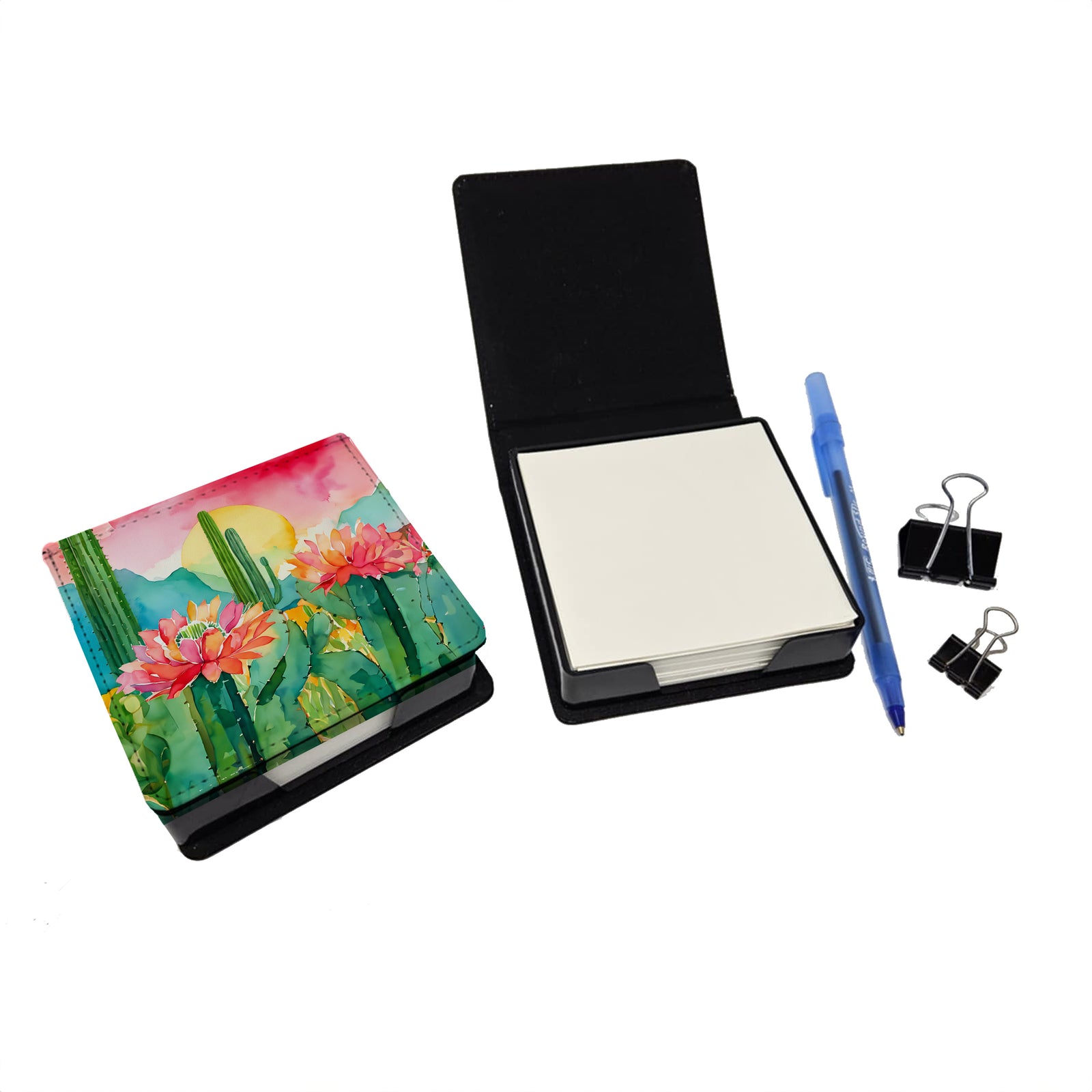 Caroline's Treasures Arizona Saguaro Cactus Blossom in Watercolor PU Leather Note Paper Holder