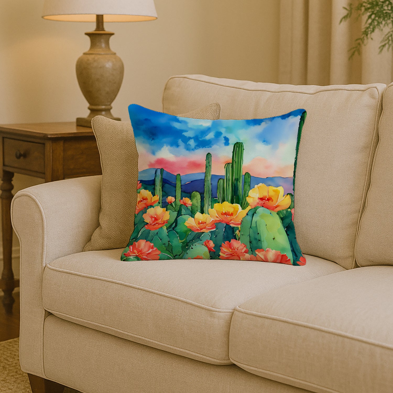 Caroline's Treasures Arizona Saguaro Cactus Blossom in Watercolor Throw Pillow