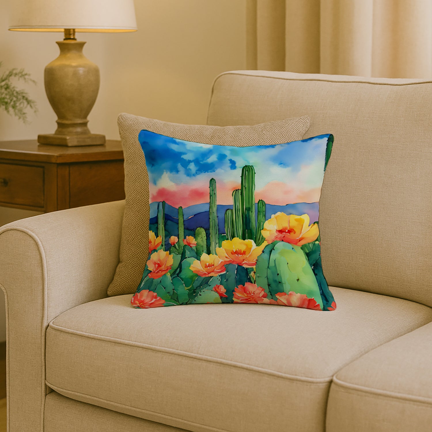 Caroline's Treasures Arizona Saguaro Cactus Blossom in Watercolor Throw Pillow