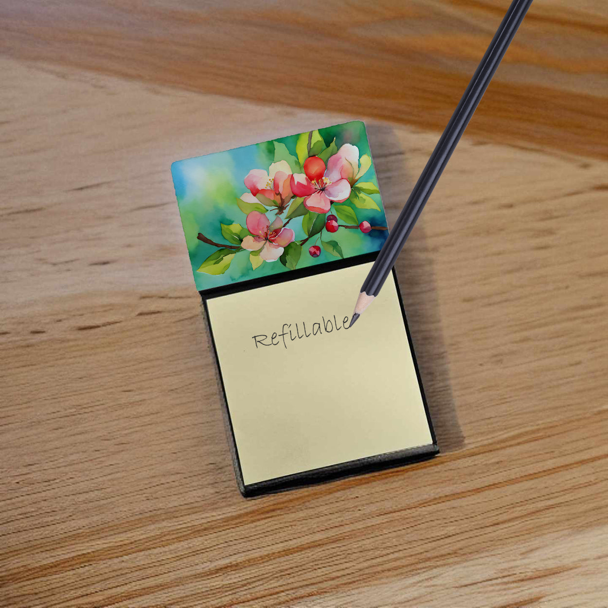 Caroline's Treasures Arkansas Apple Blossom in Watercolor Sticky Note Holder- Refiilable Desk Accessory Note Pad