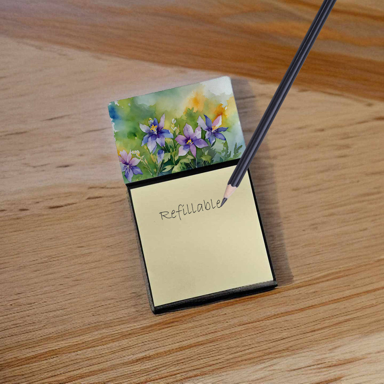 Caroline's Treasures Colorado Rocky Mountain Columbine in Watercolor Sticky Note Holder- Refiilable Desk Accessory Note Pad