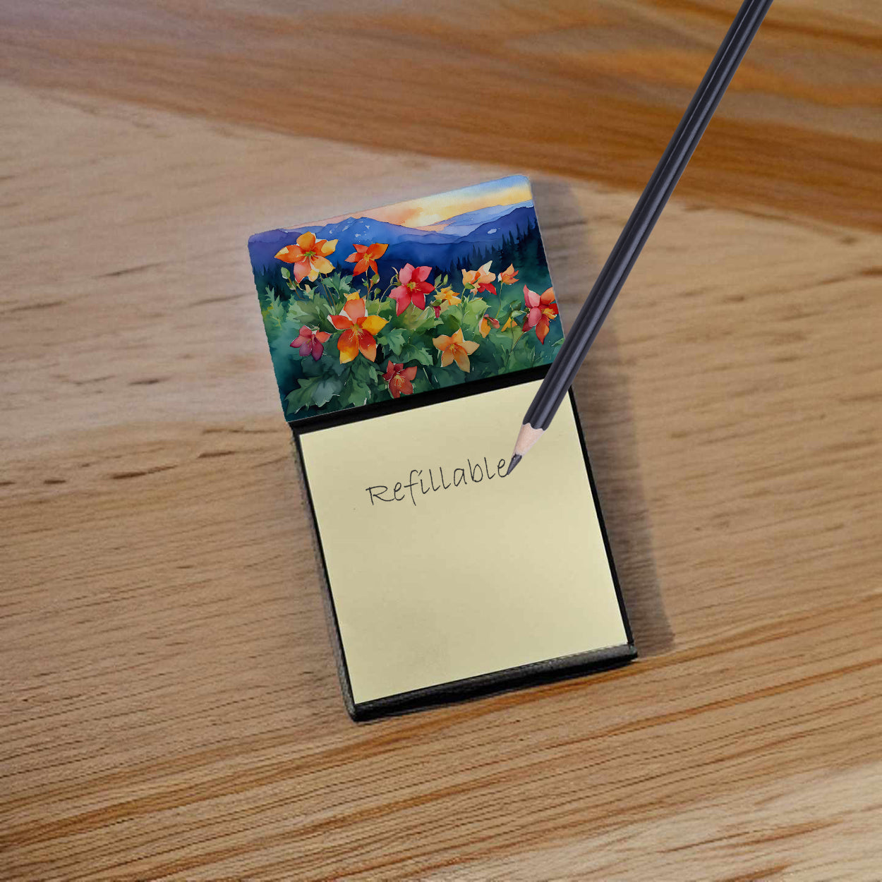 Caroline's Treasures Colorado Rocky Mountain Columbine in Watercolor Sticky Note Holder- Refiilable Desk Accessory Note Pad