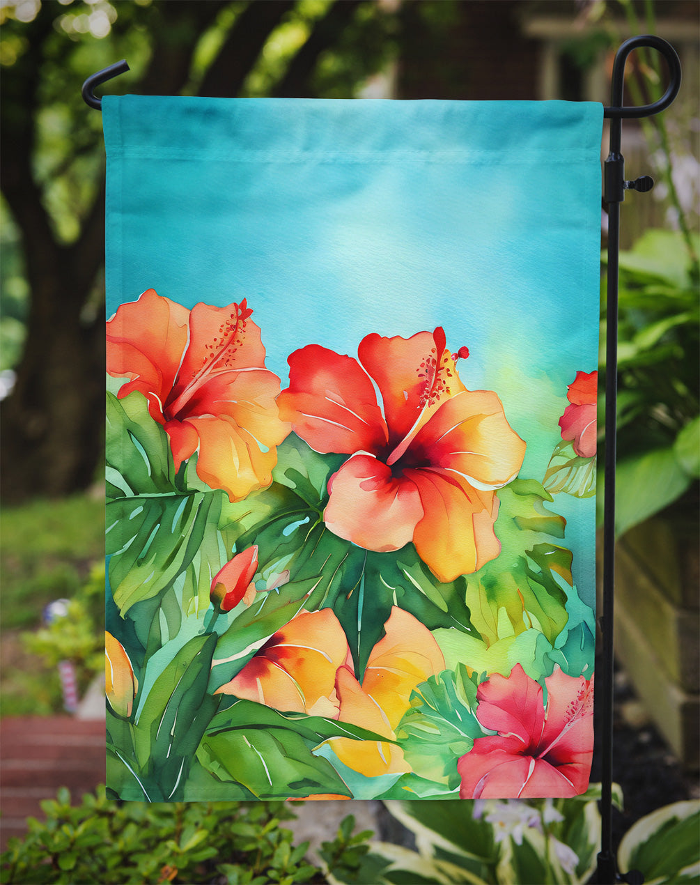 Hawaii Hawaiian Hibiscus in Watercolor Garden Flag