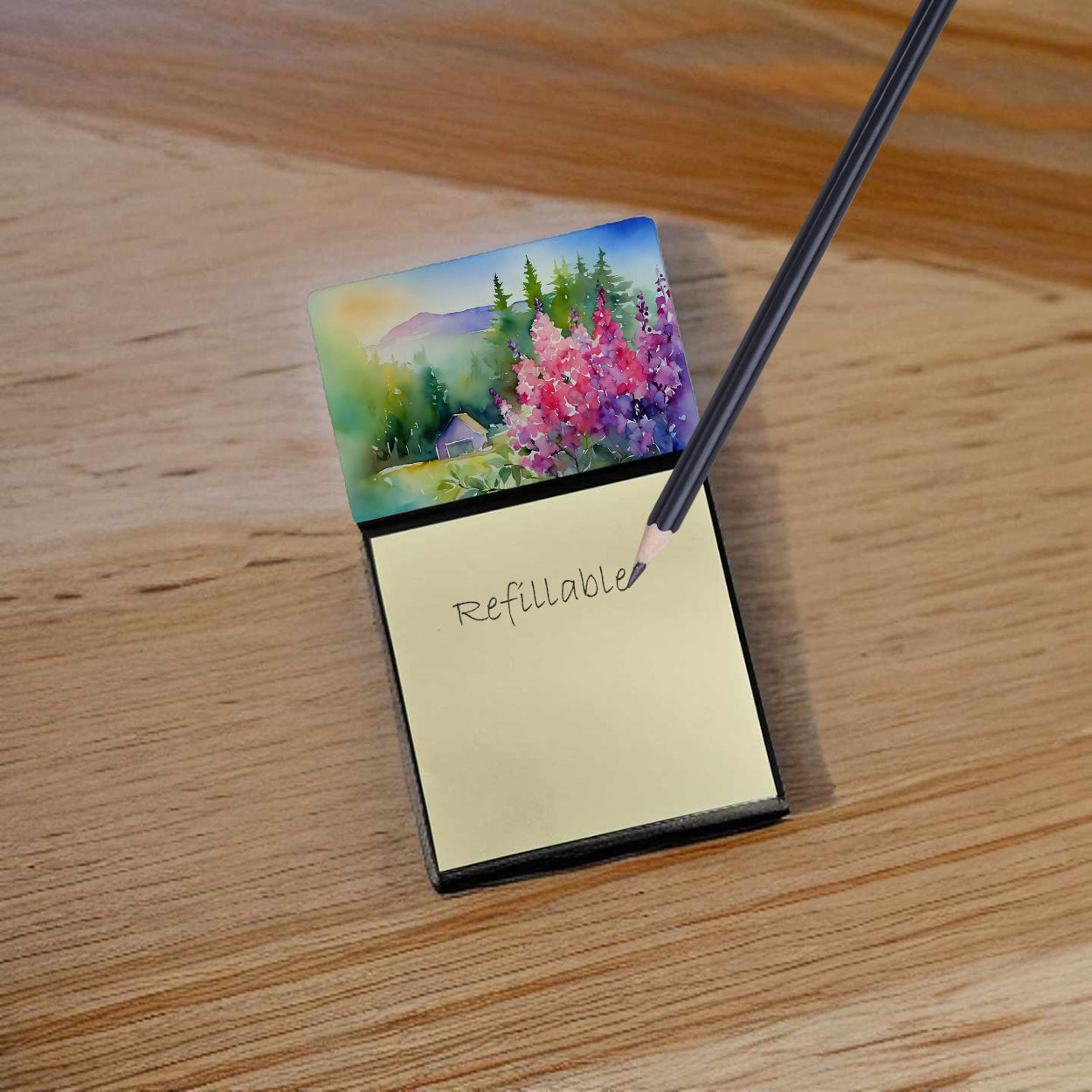 Caroline's Treasures Idaho Syringa in Watercolor Sticky Note Holder- Refiilable Desk Accessory Note Pad