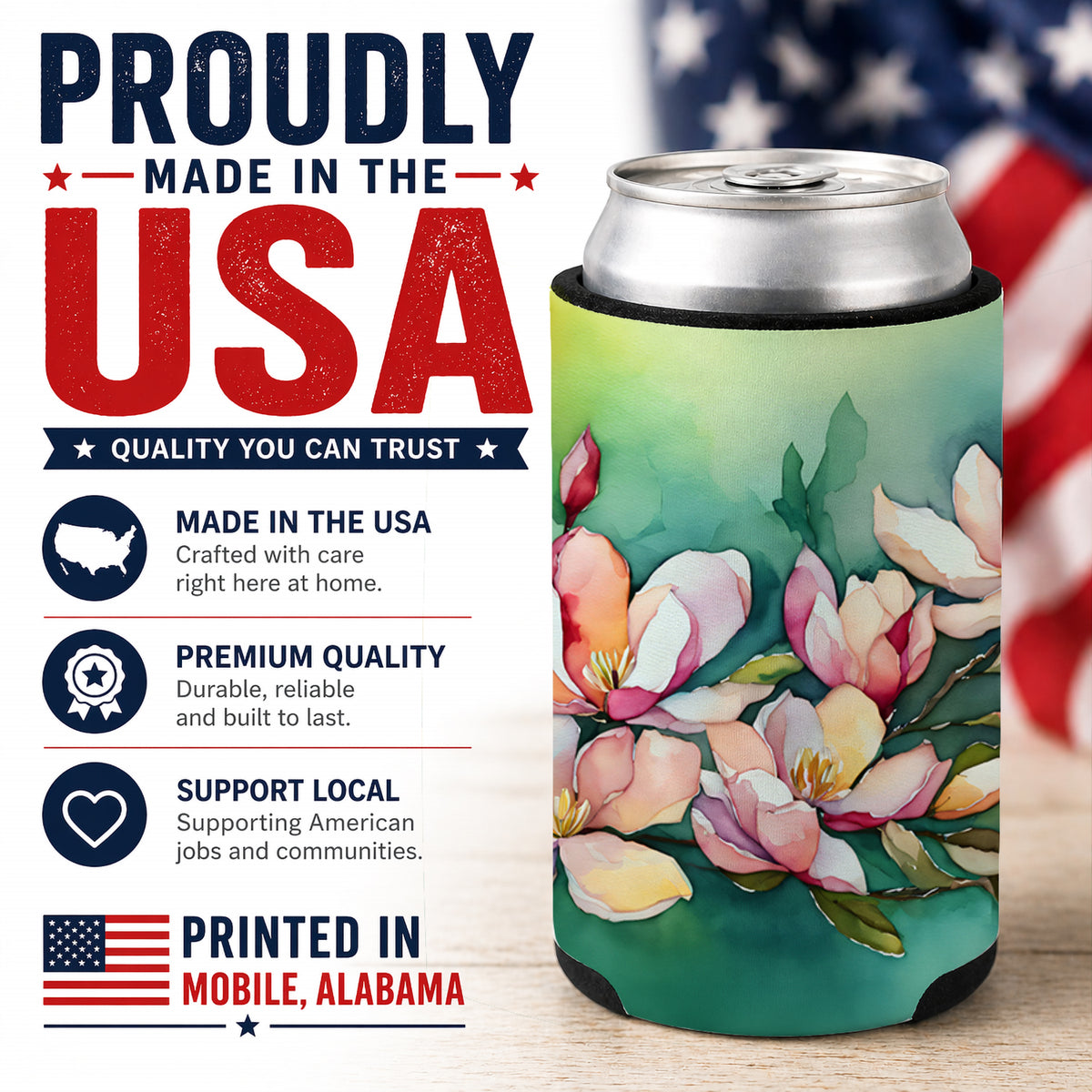 Caroline's Treasures Louisiana Magnolias in Watercolor Can or Bottle Hugger Cooler Sleeve for Standard 12 oz Cans, Insulated Foam Beer & Soda Can Hugger Reusable