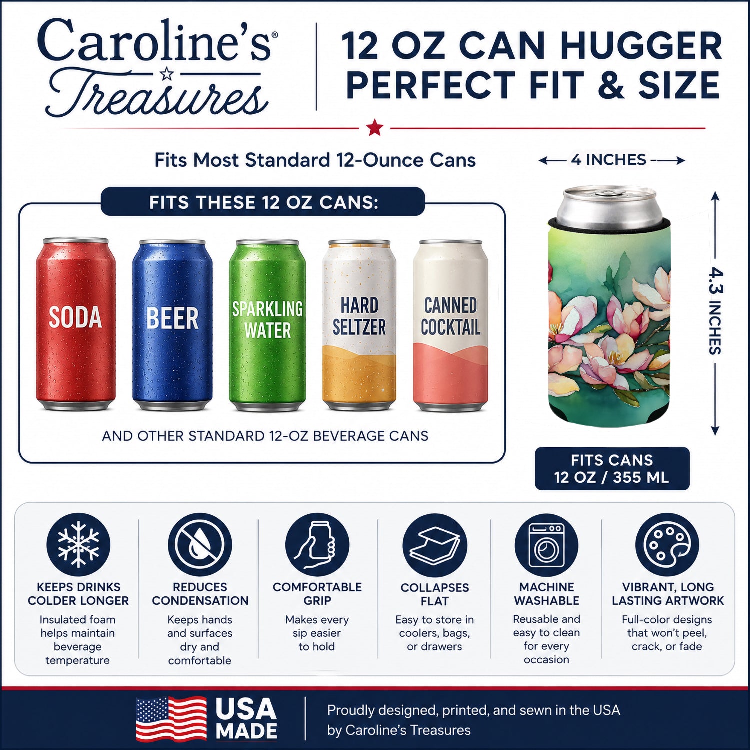 Caroline's Treasures Louisiana Magnolias in Watercolor Can or Bottle Hugger Cooler Sleeve for Standard 12 oz Cans, Insulated Foam Beer & Soda Can Hugger Reusable
