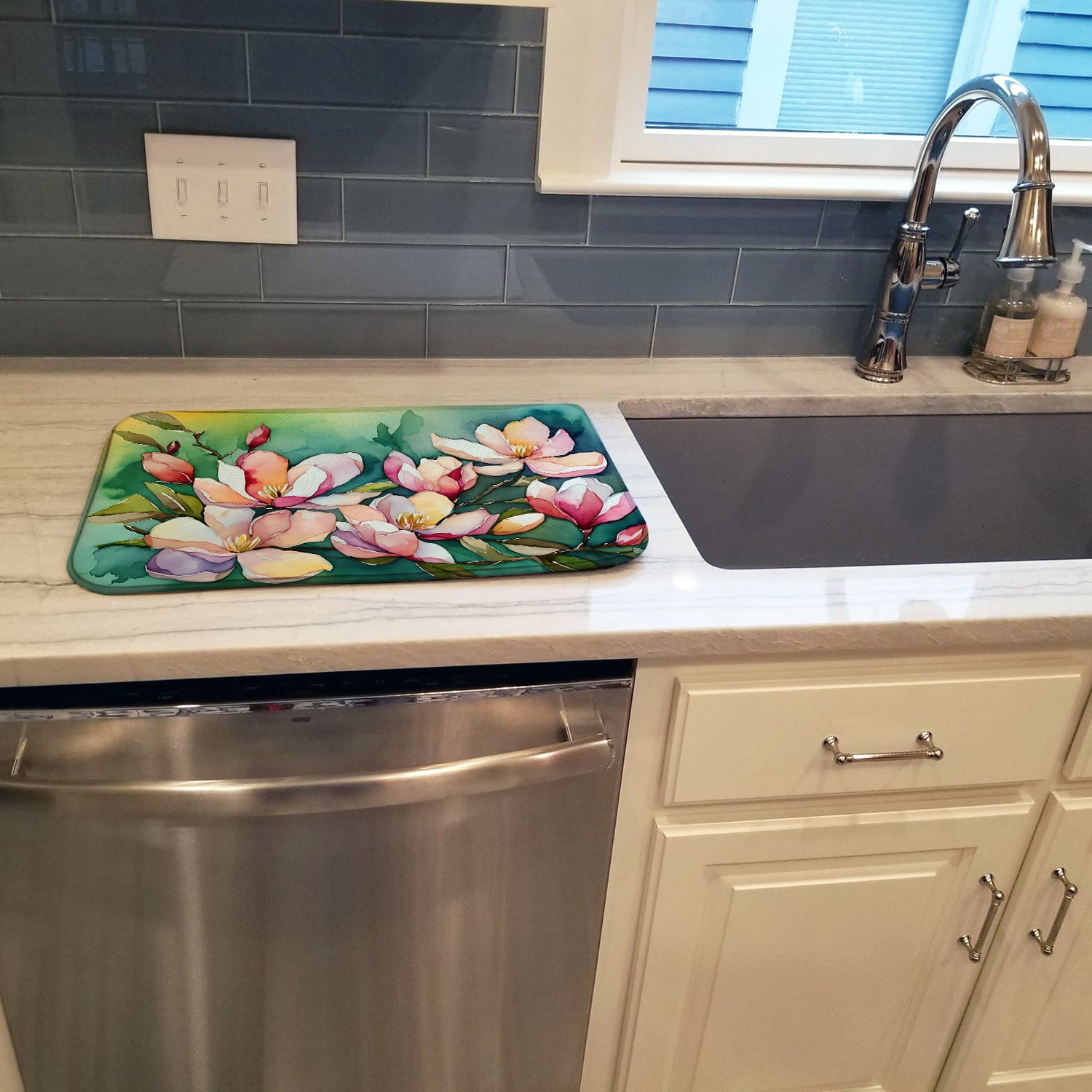 Caroline's Treasures Louisiana Magnolias in Watercolor Dish Drying Mat Absorbent Dish Drying Mat Pad for Kitchen Counter Dish Drainer Mat for Countertop, 14 x 21", Multicolor