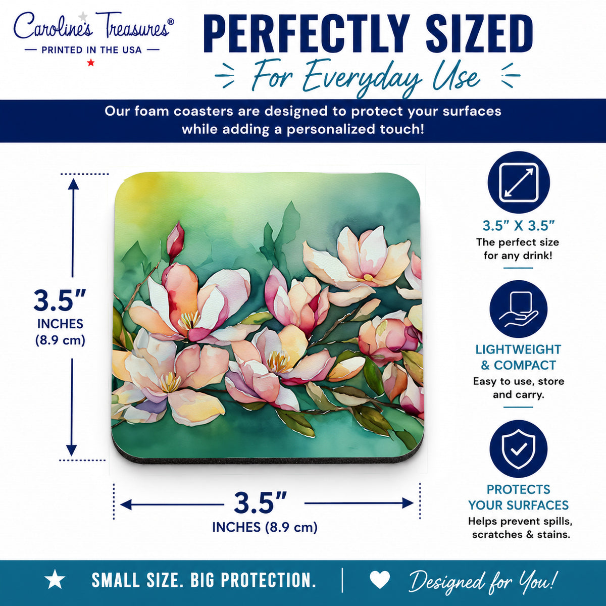 Caroline's Treasures Louisiana Magnolias in Watercolor Foam Coasters Set of 4 Cup Coasters for Indoor Outdoor, Tabletop Protection, Anti Slip, Mouse pad Material