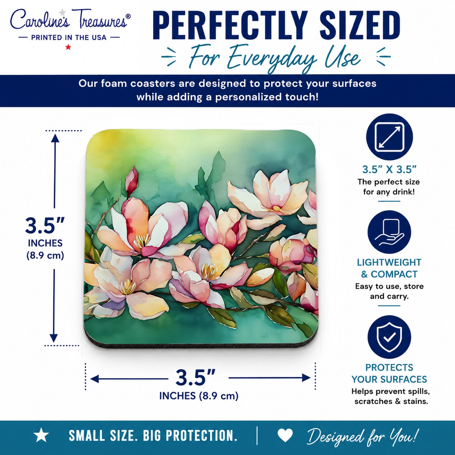 Caroline's Treasures Louisiana Magnolias in Watercolor Foam Coasters Set of 4 Cup Coasters for Indoor Outdoor, Tabletop Protection, Anti Slip, Mouse pad Material