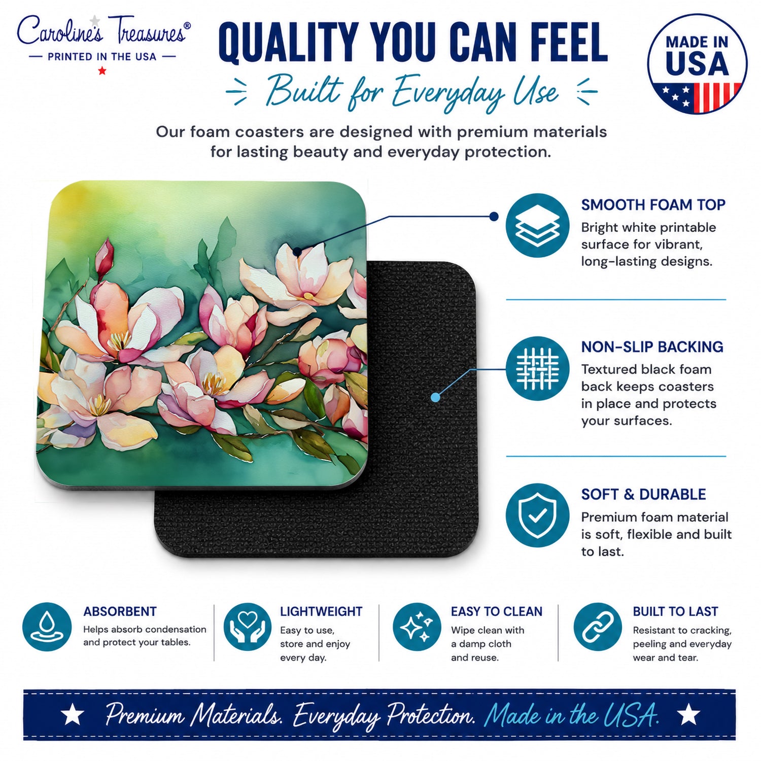 Caroline's Treasures Louisiana Magnolias in Watercolor Foam Coasters Set of 4 Cup Coasters for Indoor Outdoor, Tabletop Protection, Anti Slip, Mouse pad Material