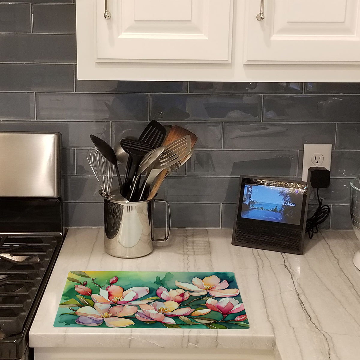 Caroline's Treasures Louisiana Magnolias in Watercolor Cutting Board Tempered Glass Kitchen Cutting Surface, Heat Resistant Chopping, Non-Slip Feet, Food Prep & Serving