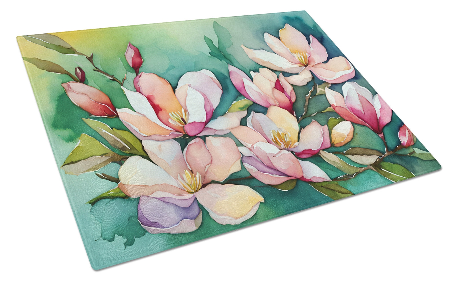 Caroline's Treasures Louisiana Magnolias in Watercolor Cutting Board Tempered Glass Kitchen Cutting Surface, Heat Resistant Chopping, Non-Slip Feet, Food Prep & Serving