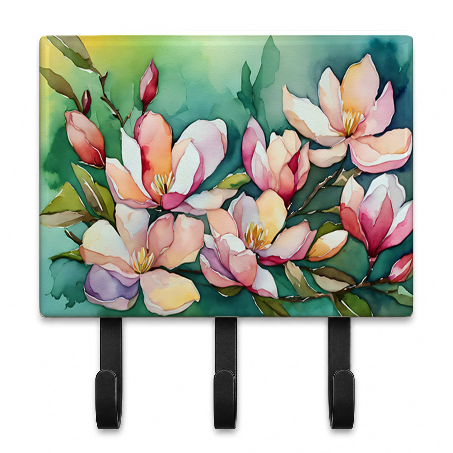 Caroline's Treasures Louisiana Magnolias in Watercolor Leash or Key Holder Wall Hooks, Coat Rack Wall Mount, for Hanging Keys, Towels, Aprons, Leashes
